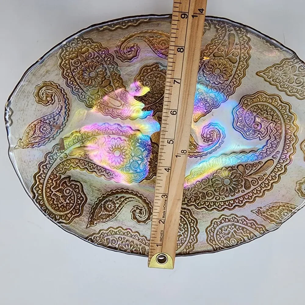 Paisley Carnival Glass Bowl Decorative Oval Embossed MCM Iridescent 9x12 Vintage